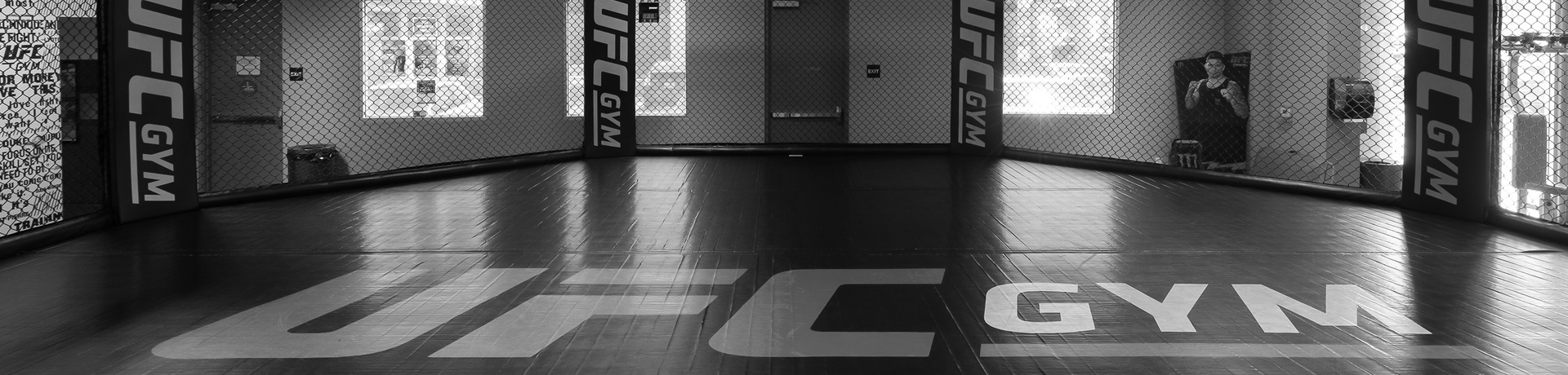 black and white photo of UFC Gym boxing ring
