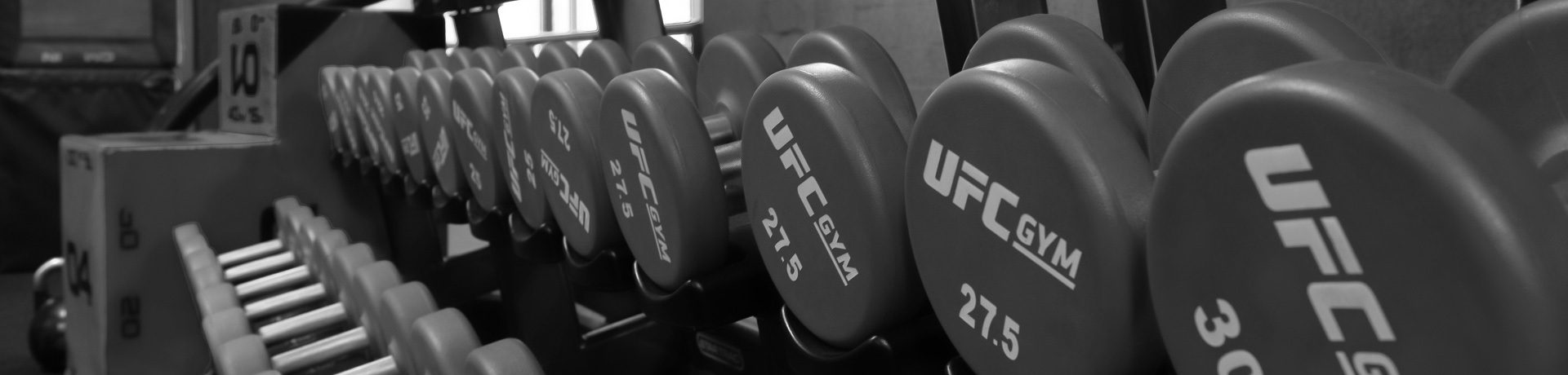 black and white photo of UFC Gym free weights on a rack