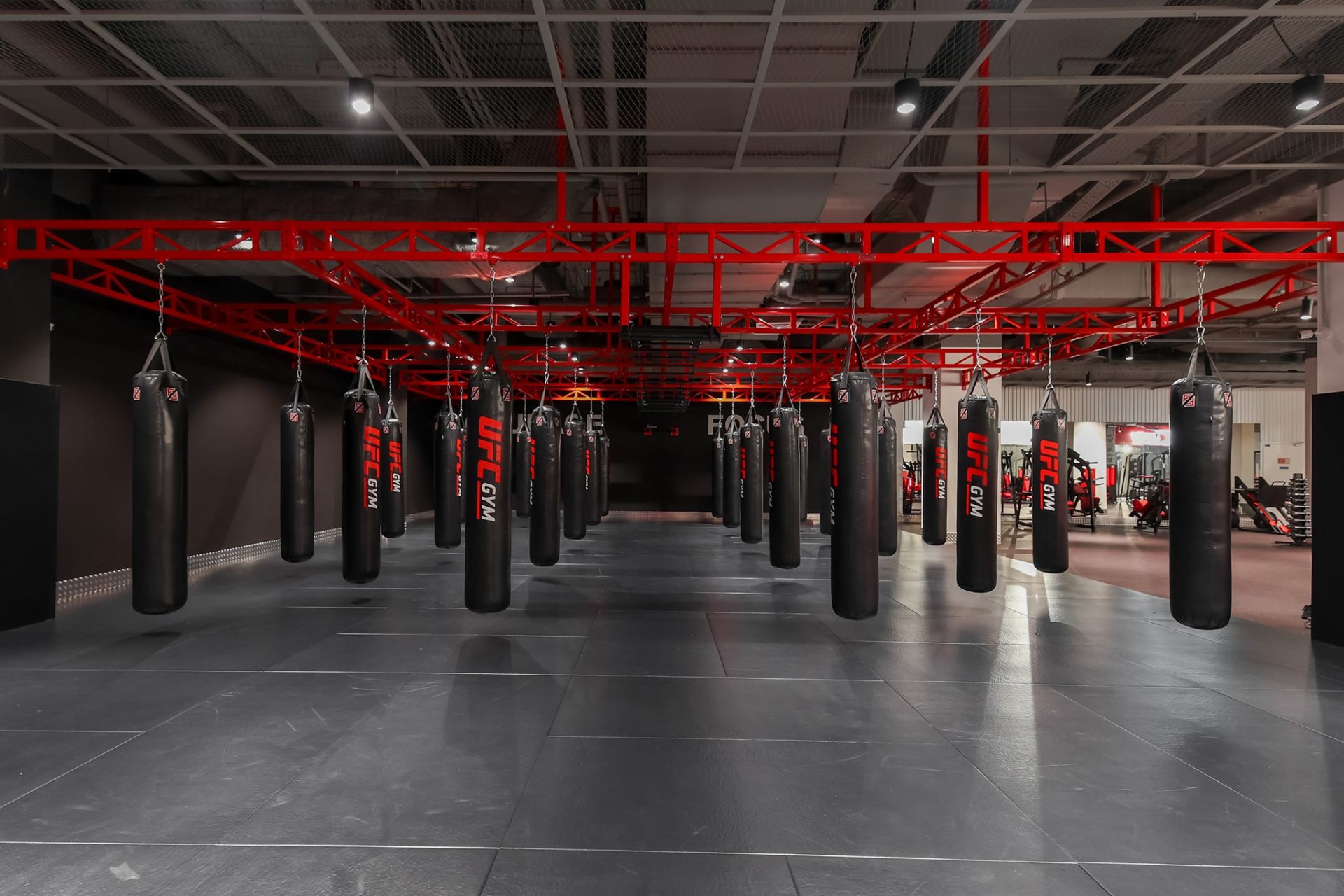 photo of black punching bags hanging in red and black gym